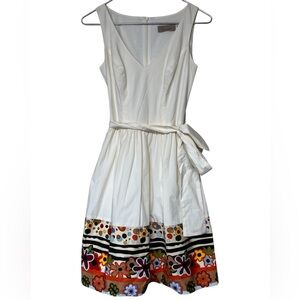 Burlapp cream v-neck sleeveless fit & flare mini dress multicolor floral hem 50s